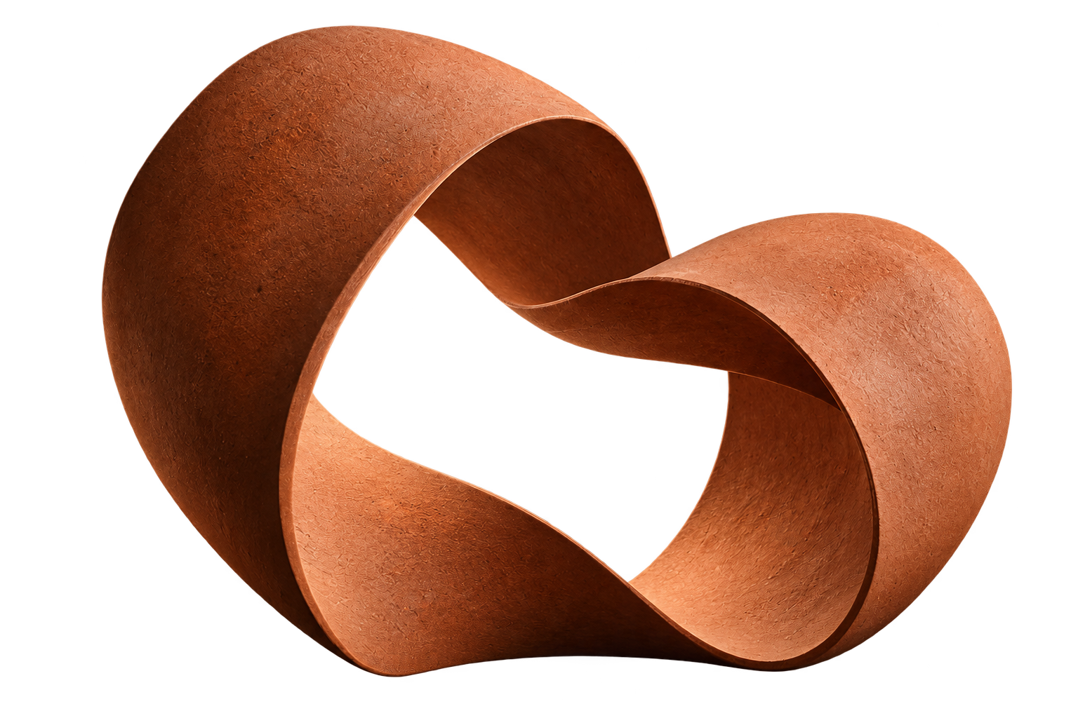 Escultura de duas fitas de cerâmica terracota em diálogo